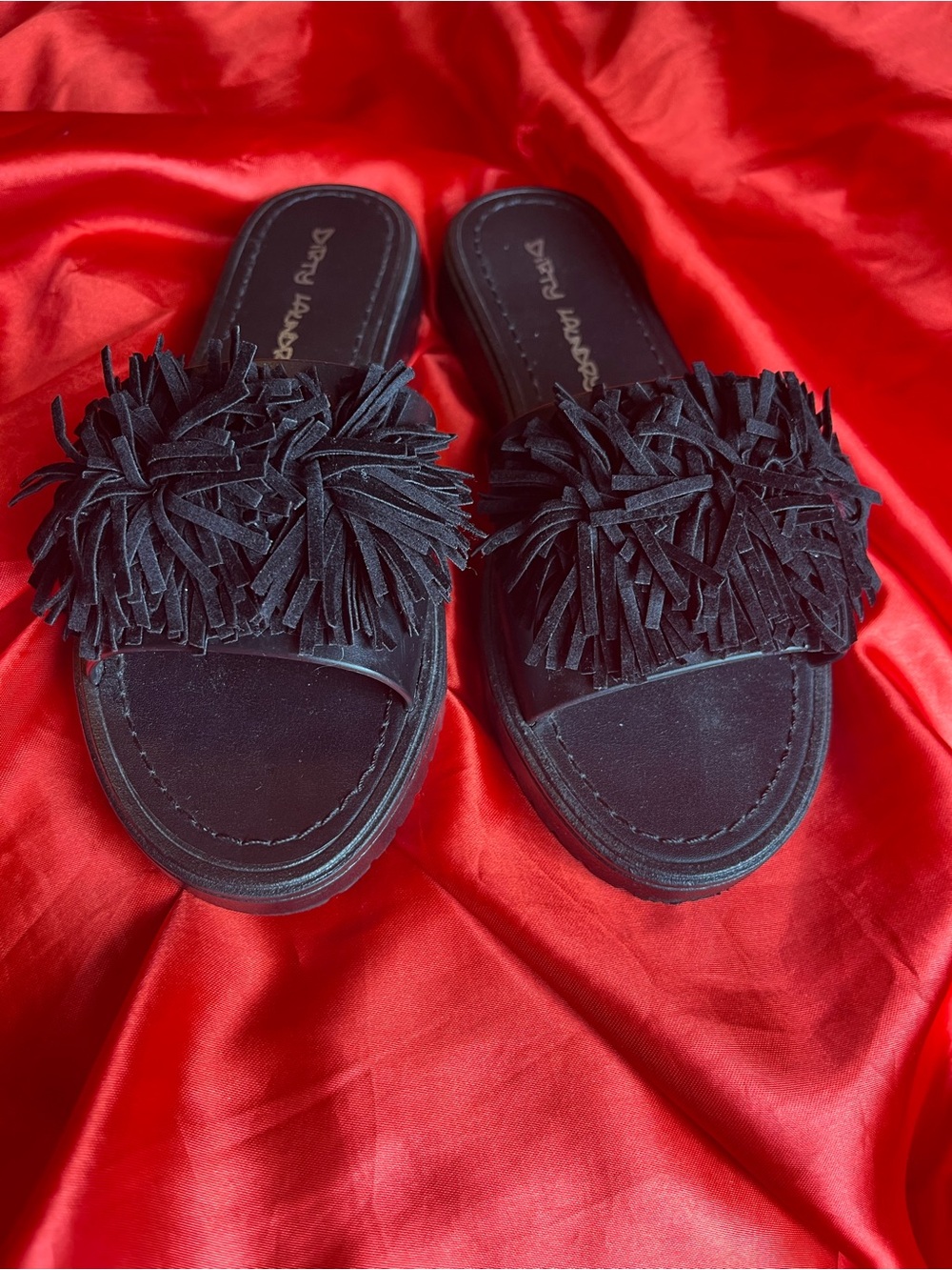 Dirty Laundry Black Fringe Slide Mules
